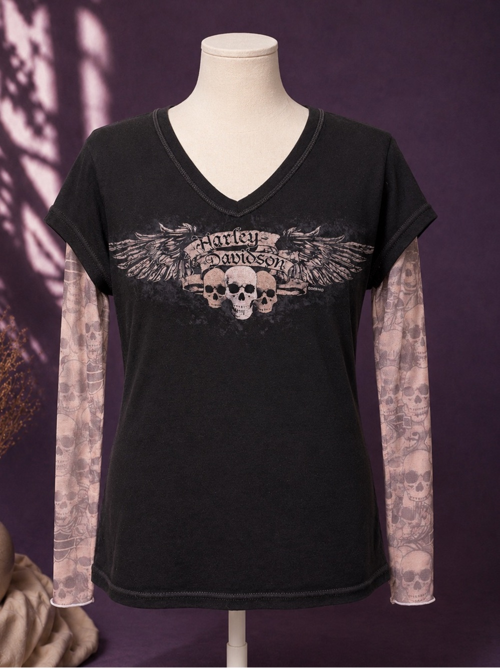 Harley Davidson skull graphic mesh sleeve t-shirt